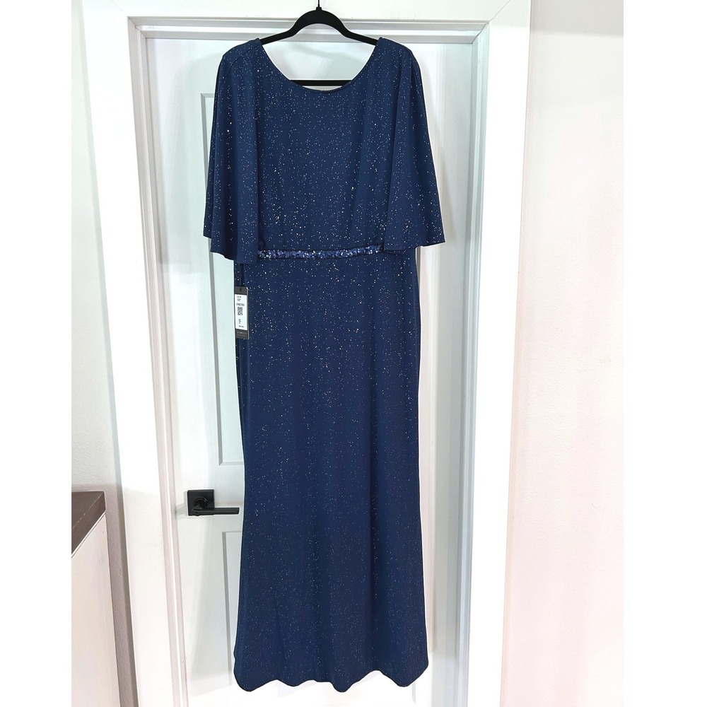 NEW Ever-Pretty Navy Blue Glitter Cape Sleeve Formal Gown Dress US 18 Wedding